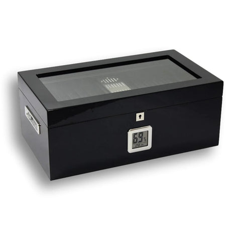 Dakota Black Glass-Top Humidor – 120 Cigar Capacity with Polished Chrome Accents