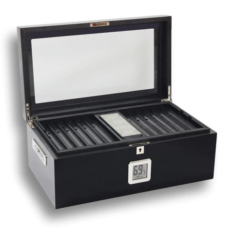 Dakota Black Glass-Top Humidor – 120 Cigar Capacity with Polished Chrome Accents