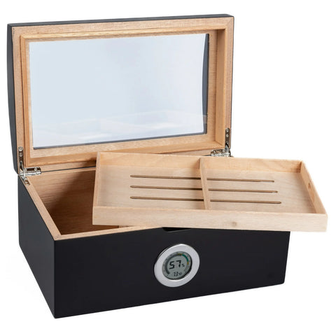 Portofino Dome Style Tinted Glass Top Humidor – Matte Black Finish – 100 Cigar Capacity