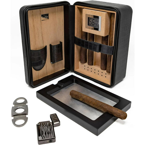 Manhattan XL Travel Cigar Humidor Set – Black (with Hygrometer, Ashtray, Cutter, Lighter & Humidifier)