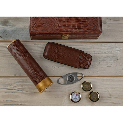 Alligator Pattern Leather Cigar Humidor Gift Set – Brown – 25 Cigar Capacity