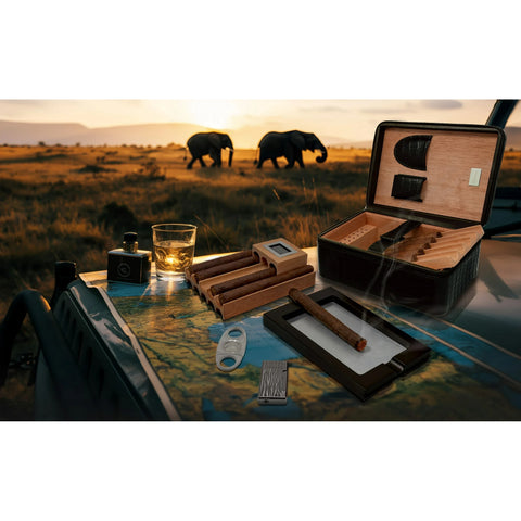 Manhattan XL Travel Cigar Humidor Set – Black (with Hygrometer, Ashtray, Cutter, Lighter & Humidifier)