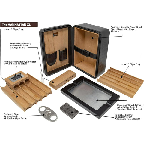Manhattan XL Travel Cigar Humidor Set – Black (with Hygrometer, Ashtray, Cutter, Lighter & Humidifier)
