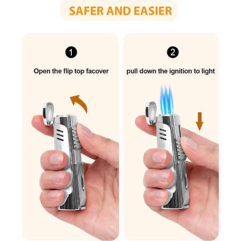 Pinnacle Triple Jet Torch Lighter with Fold-Out Cigar Punch – Silver Finish