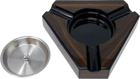 Prestige Import Group - Triangular Maple Lacquer 3 Cigar Ashtray - Dark Maple Wood and Black Accents