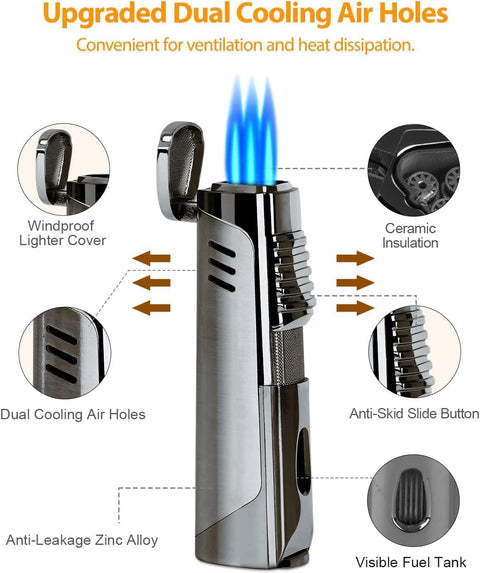Contemporary Triple Jet Torch Lighter with Built-in Punch – Gun Metal Finish