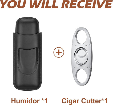 Black Leather 2-Cigar Case with Built-In Stainless Guillotine Cutter