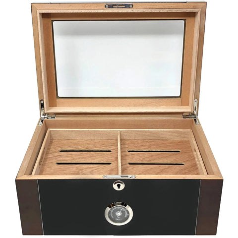 Berkeley II Two-Tone Glass Top Cigar Humidor – 100 Count – Mahogany & Black Lacquer Finish