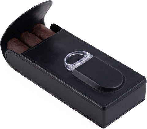 Flip Top Magnetic Closure 3-Cigar Leather Case with Cutter – Black