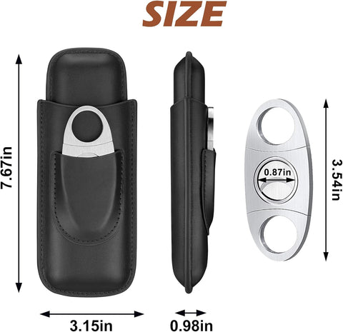 Black Leather 2-Cigar Case with Built-In Stainless Guillotine Cutter