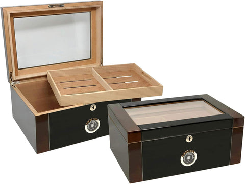 Berkeley II Two-Tone Glass Top Cigar Humidor – 100 Count – Mahogany & Black Lacquer Finish