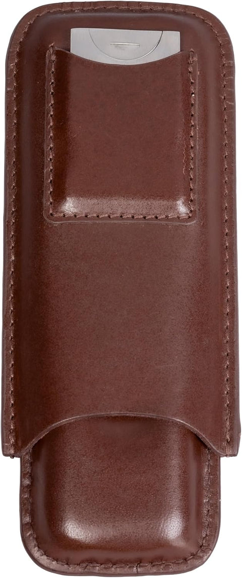 Leather 2-Cigar Case with Stainless Steel Guillotine Cutter – Brown