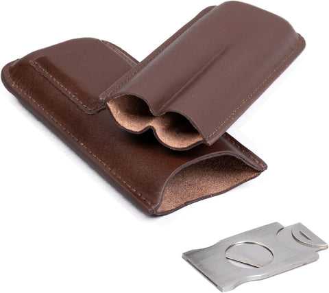 Leather 2-Cigar Case with Stainless Steel Guillotine Cutter – Brown