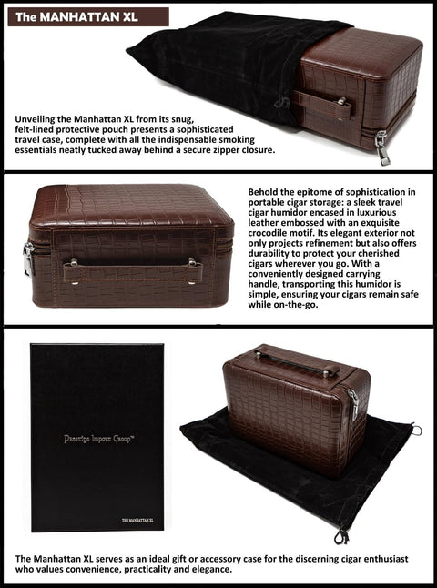 Manhattan XL Crocodile-Style Leather Travel Cigar Humidor Set – Brown (with Hygrometer, Ashtray, Cutter, Lighter & Humidifier)