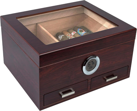 Chalet Cherry Glass Top Cigar Humidor – 25-50 Capacity, Digital Hygrometer