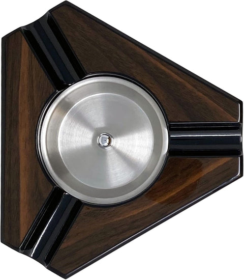 Prestige Import Group - Triangular Maple Lacquer 3 Cigar Ashtray - Dark Maple Wood and Black Accents