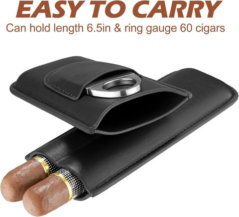Black Leather 2-Cigar Case with Built-In Stainless Guillotine Cutter