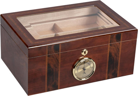 Ambassador High Gloss Cigar Humidor with Beveled Glass Top – Holds Up to 100 Cigars