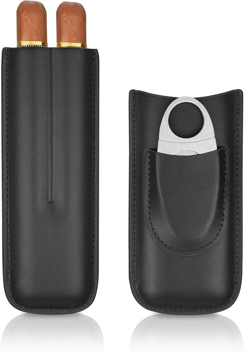 Black Leather 2-Cigar Case with Built-In Stainless Guillotine Cutter