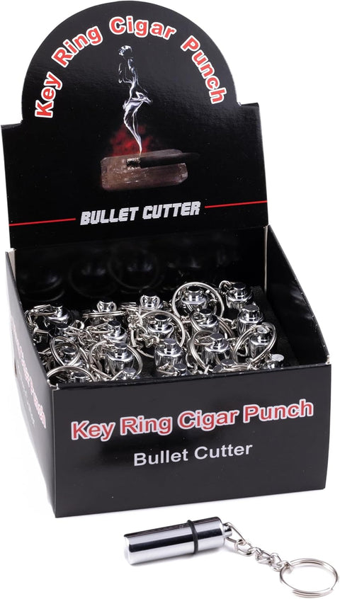 Keyring Bullet Cigar Punch Cutter Display Box - 25 Pieces Chrome Silver