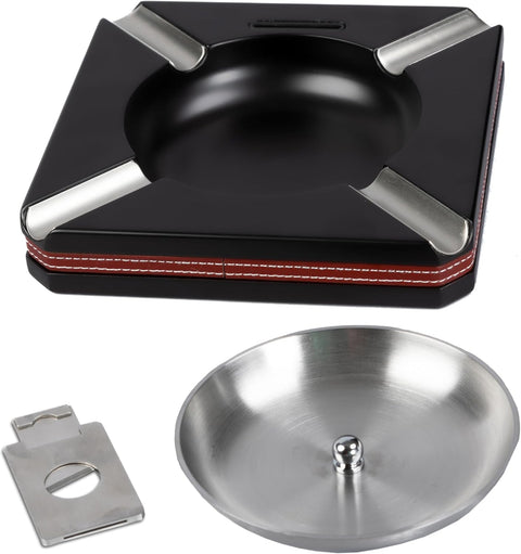 Prestige Import Group 4 Cigar Wood Ashtray w/Black Finish, Leather Trim & Cutter