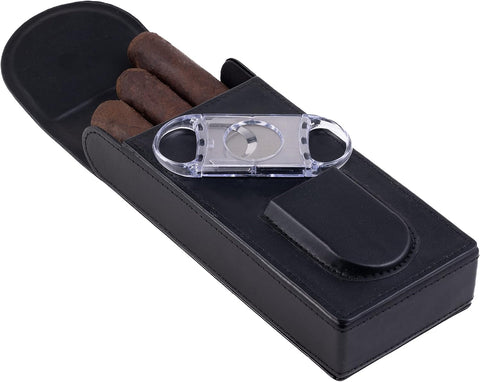 Flip Top Magnetic Closure 3-Cigar Leather Case with Cutter – Black