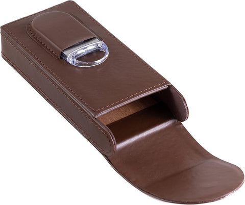 Flip Top Magnetic Closure 3-Cigar Leather Case with Cutter – Brown