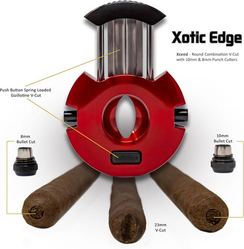 XoticEdge Xceed Red Dual-Action Cigar Cutter – V-Cut & Punch Combo with Stainless Steel Blades