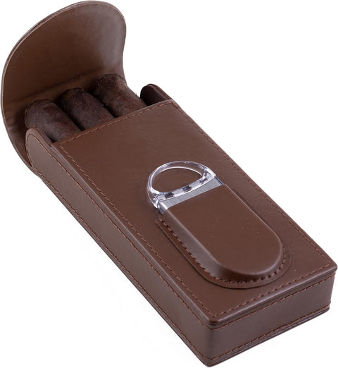 Flip Top Magnetic Closure 3-Cigar Leather Case with Cutter – Brown