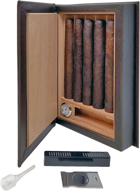 Novelist Leather Book-Style Travel Cigar Humidor – Brown – Holds 5 to 10 Cigars