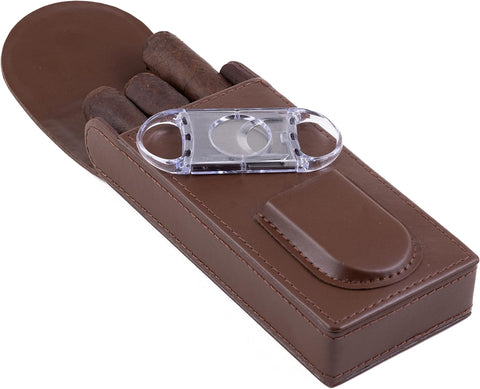 Flip Top Magnetic Closure 3-Cigar Leather Case with Cutter – Brown