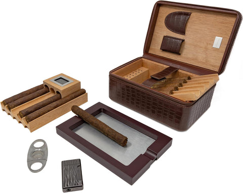 Manhattan XL Crocodile-Style Leather Travel Cigar Humidor Set – Brown (with Hygrometer, Ashtray, Cutter, Lighter & Humidifier)