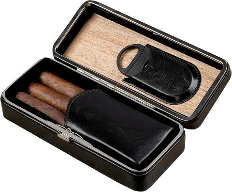 Luxury 3-Cigar Folding Leather Travel Case with Cutter – Black