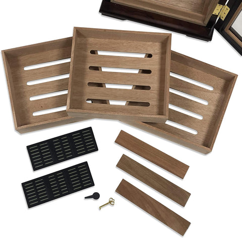 Milano Dark Mahogany Countertop Cigar Humidor – 125 Ct. Capacity w/ 360° Glass Display & Angled Trays