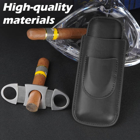 Black Leather 2-Cigar Case with Built-In Stainless Guillotine Cutter