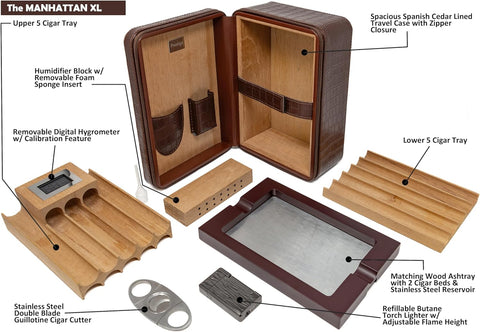 Manhattan XL Crocodile-Style Leather Travel Cigar Humidor Set – Brown (with Hygrometer, Ashtray, Cutter, Lighter & Humidifier)