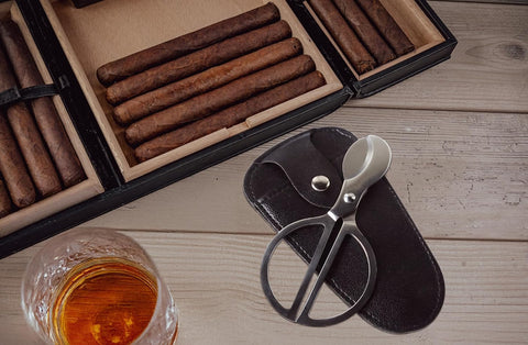 Stainless Steel Cigar Scissors with Black PVC Leather Pouch