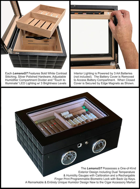 Lemans GT 120 Ct. Cigar Humidor with Biometric Lock & LED Lighting – Black