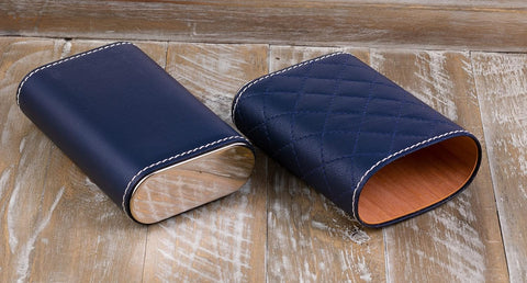 3-Cigar Leather Travel Case – Diamond Stitch Pattern – Blue