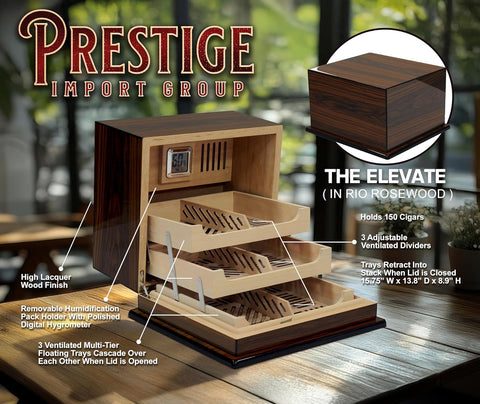 Elevate Rosewood Humidor – 150 Count – Multi-Tier Tray System