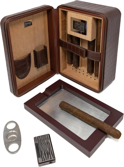 Manhattan XL Crocodile-Style Leather Travel Cigar Humidor Set – Brown (with Hygrometer, Ashtray, Cutter, Lighter & Humidifier)