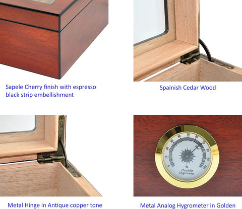 Cherry Glass-Top Cigar Humidor – Holds 25–50 Cigars
