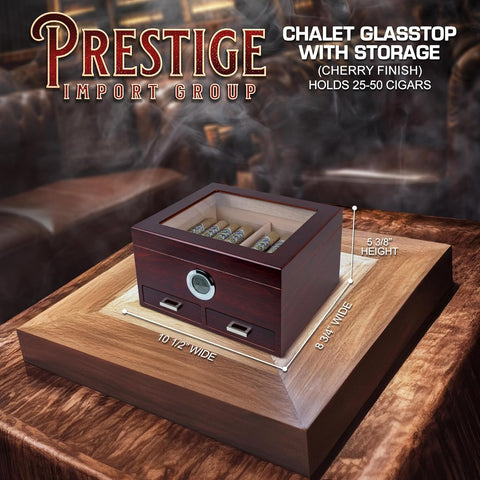 Chalet Cherry Glass Top Cigar Humidor – 25-50 Capacity, Digital Hygrometer