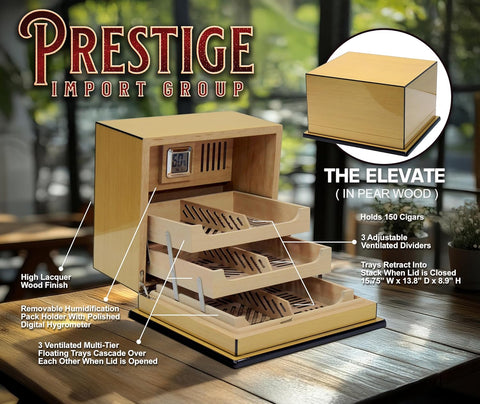 Elevate Multi-Tier Cigar Humidor – Pear Wood Finish – 150 Cigar Capacity