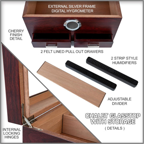 Chalet Cherry Glass Top Cigar Humidor – 25-50 Capacity, Digital Hygrometer