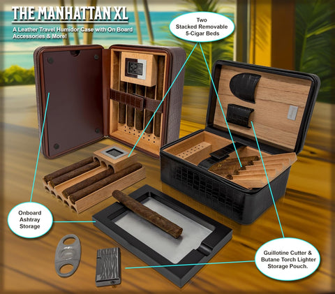 Manhattan XL Crocodile-Style Leather Travel Cigar Humidor Set – Brown (with Hygrometer, Ashtray, Cutter, Lighter & Humidifier)