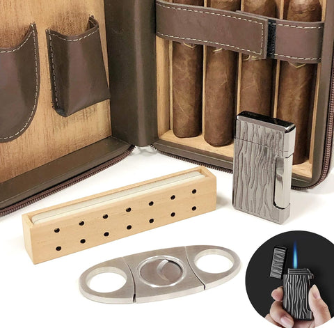 Brown Travel Cigar Humidor Set – Includes Humidifier, Cutter & Lighter