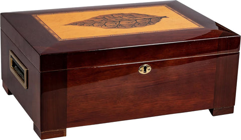 Stetson 150 Ct. High Gloss Humidor with Tray & Tobacco Leaf Inlay