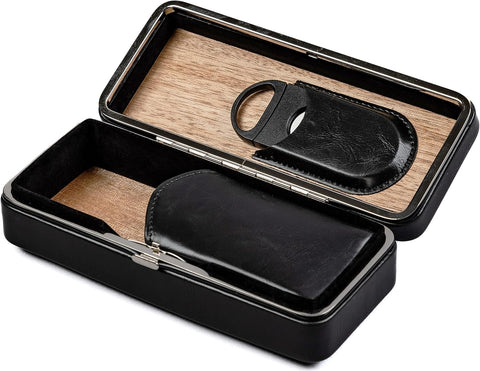 Luxury 3-Cigar Folding Leather Travel Case with Cutter – Black