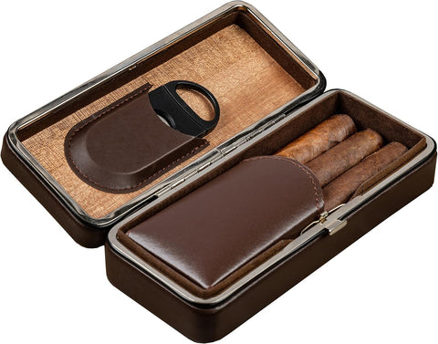 3-Cigar Folding Leather Travel Case with Snap Lock – Brown
